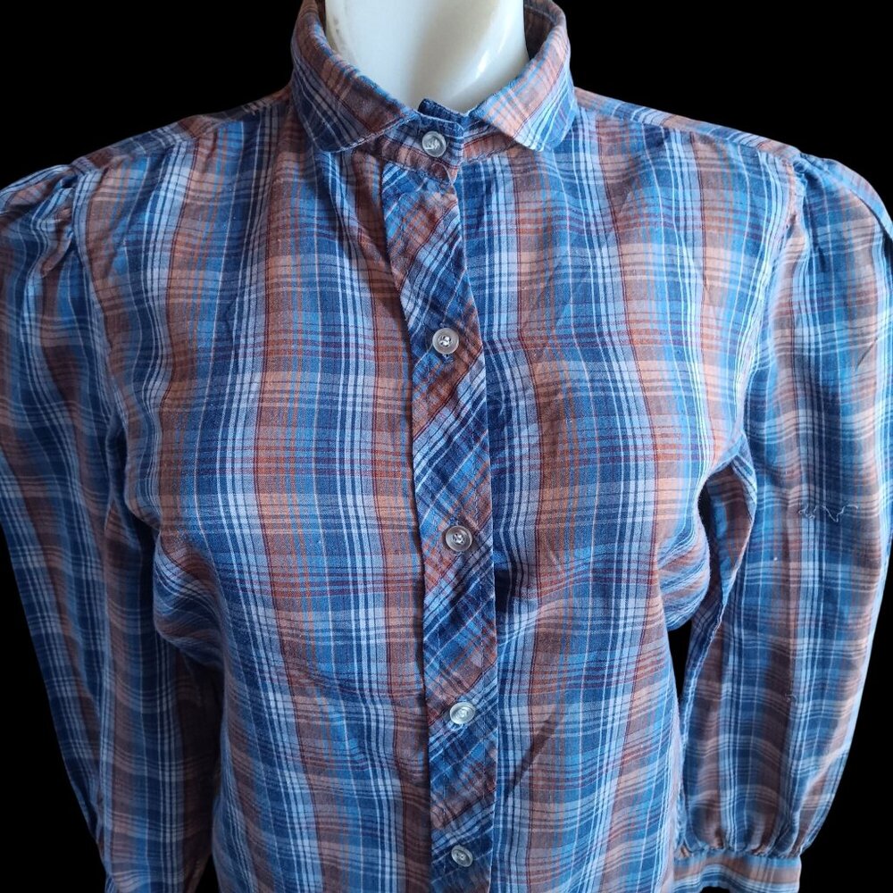 Vintage Women's Medium Boho Blouse 70's Step Up Plaid Puff Sleeve Shirt USA